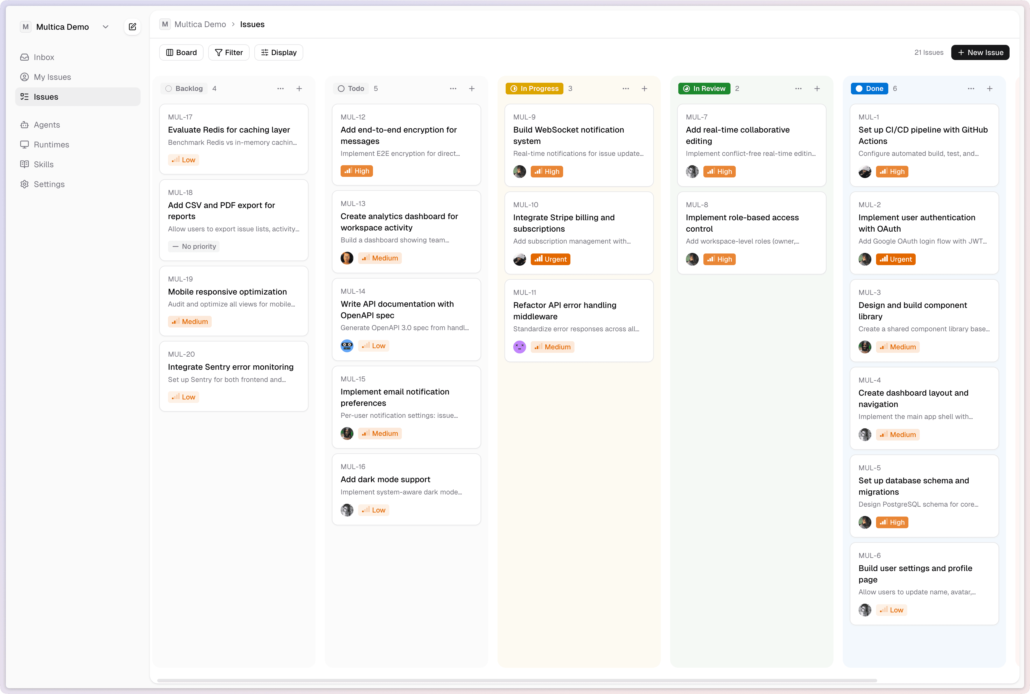 Multica board view — issues managed by humans and agents